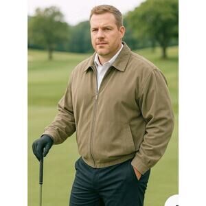 M791)Gary Player Tan Faux Suede Golf Full Zip Long Sleeve Large Bomber Jacket